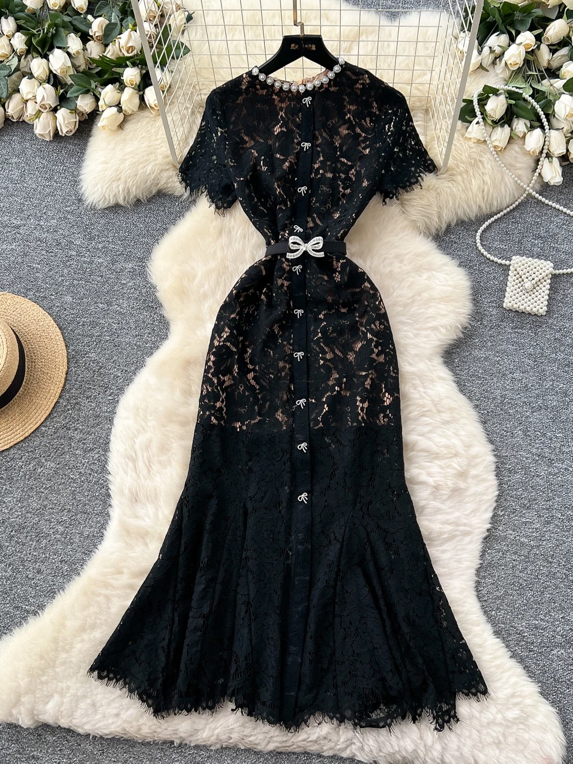  Lace ort Sve round Ne Fi Tail Dr Women's High Waist A-Line Skirt Summer Commute Sle Polyester Fiber