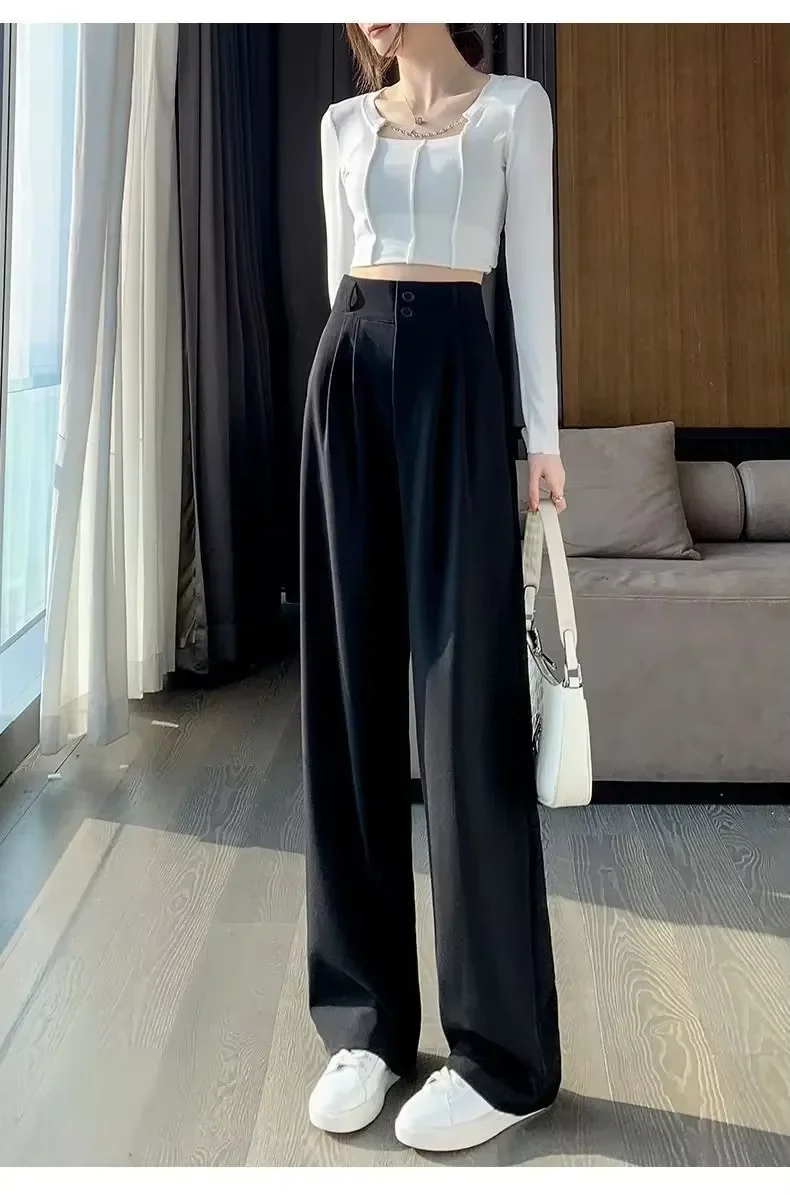 Elegante Weite Hosen für Damen im Koreanischen Stil mit Hoher Taille, Schwarze Baggy-Hosen, Büro-Damenmode, Lockere Anzughosen, Streetwear – Detail 5