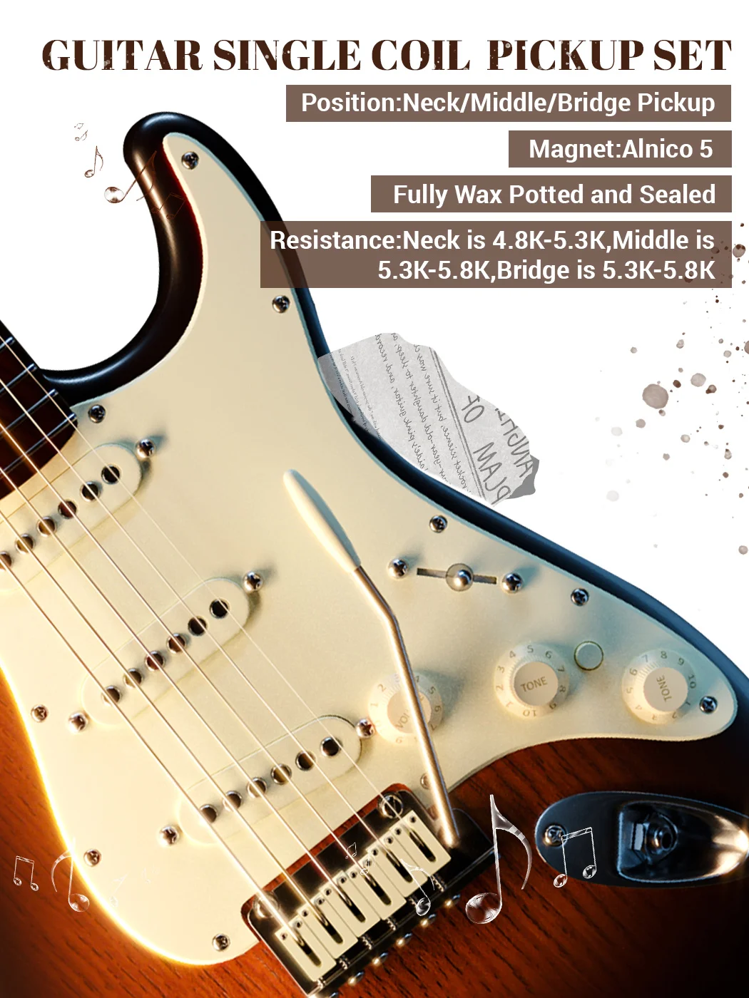 PHRILAM 3 pièces Pro pôle plat Alnico5 simple bobine cou/50mm milieu/50mm pont/52mm micros ensemble pour guitare électrique ST, crème