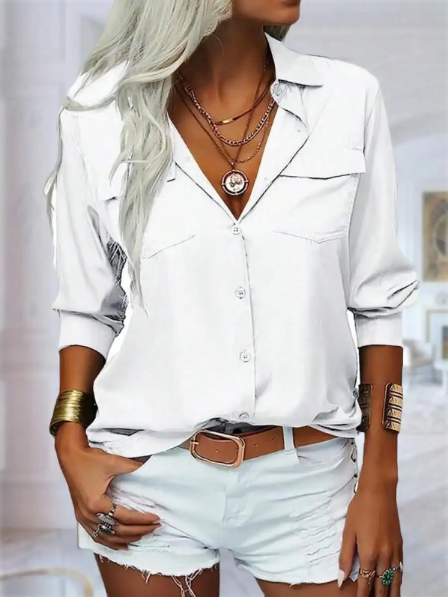 

Women's White Button Down Shirt with Lapel and Chest Pockets, Casual Office Blouse