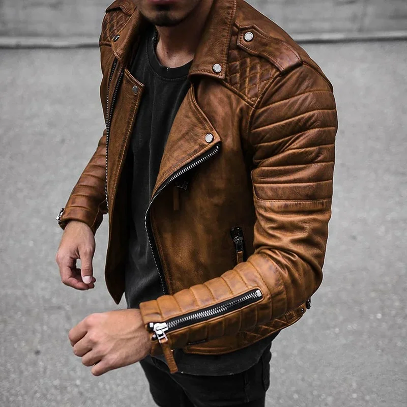 Fashion Leather Coat Men Spring Autumn  Slim Lapel Locomotive Men Leather Jacket Solid Color Long Sleeve PU Brown Leather Jacket