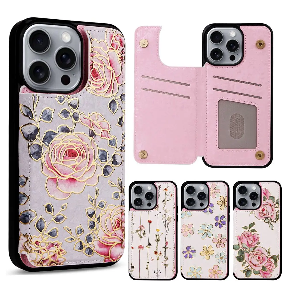 

Kickstand Wallet Case Flower Pattern Leather Case for iPhone 16 Plus 15 ProMax 14 13 Pro 12 11 Bumper Phone Cover Cards Pocket