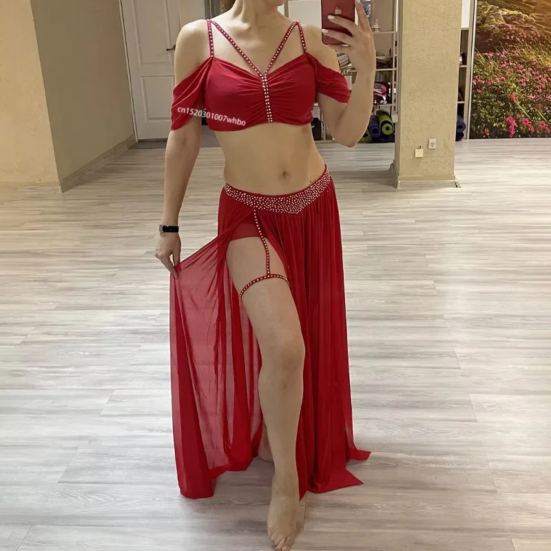 

Belly Dance Professional Suit for Women Mesh Short Sleeves Top+Sexy Split Skirt 2pcs Oriental Dance Belly Dancing Practice Suit