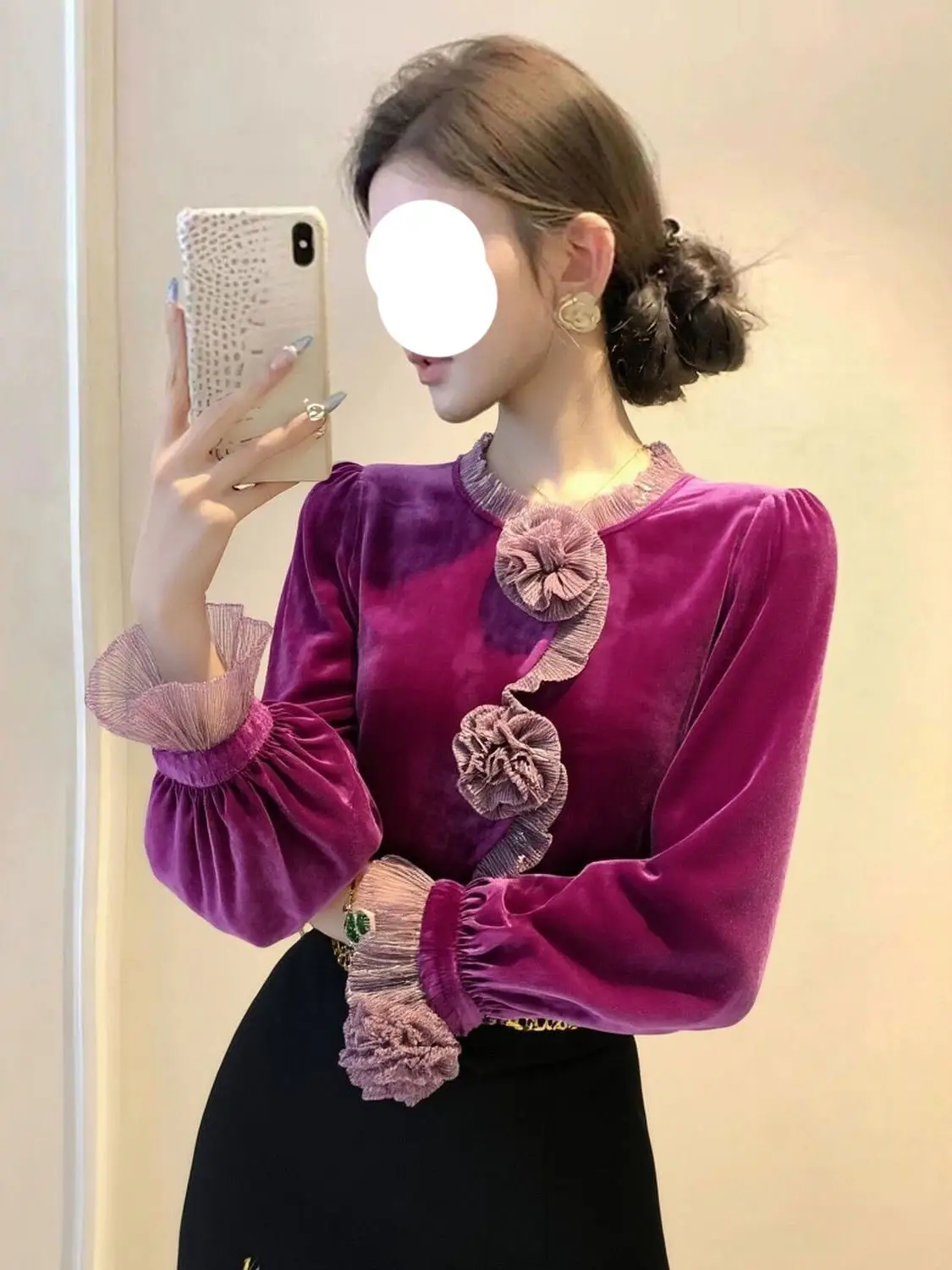 

Ele Long Sve Velvet irt Women's Faionable Lace Collar Ladylike Casual Wear Breathable Loose Fit Winter Wear
