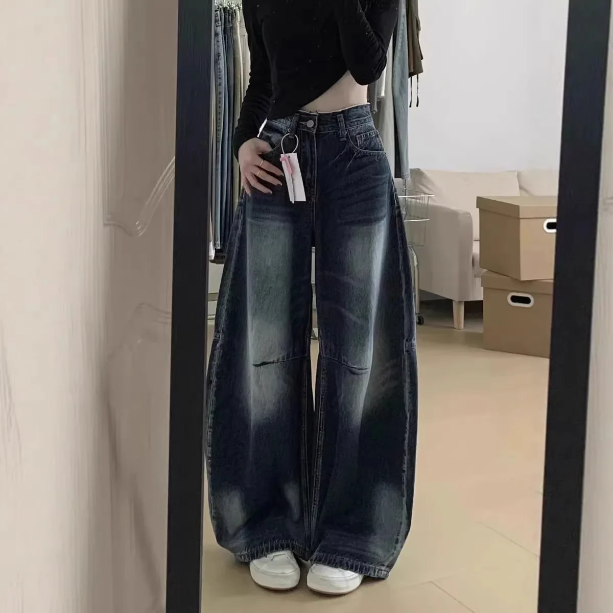 Women's Blue-gray Loose Wide-leg Denim Jeans