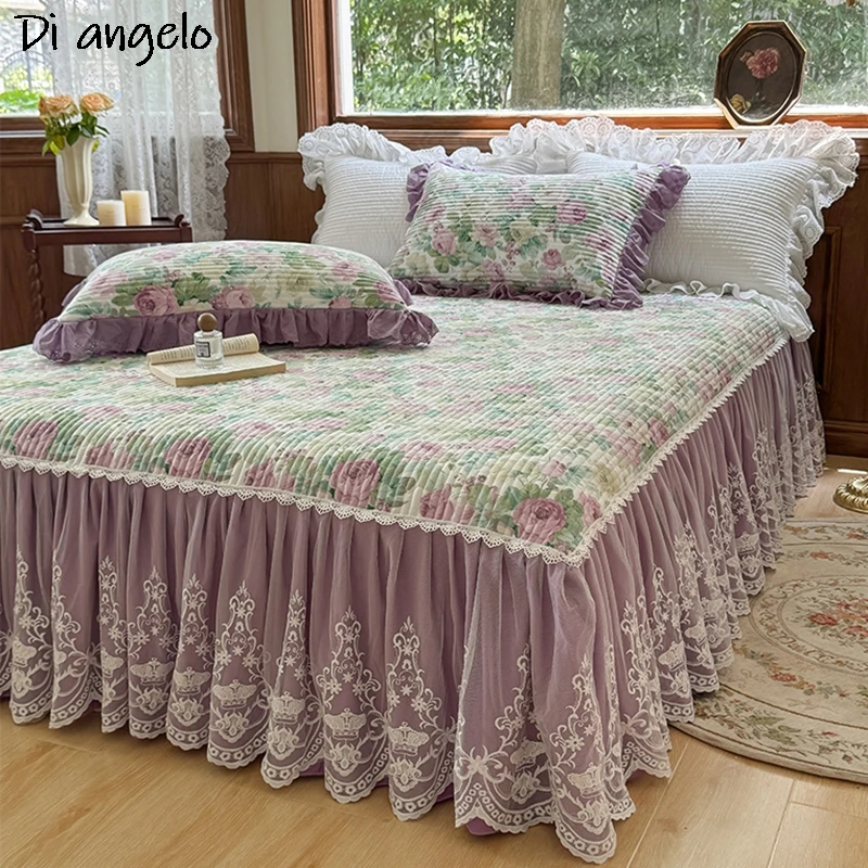 

French Style Pure Cotton Quilting Lace Bedspread, Pillowcase, Double Mattress Cover, Quilting Bed Skirt, Wedding Gift, #/