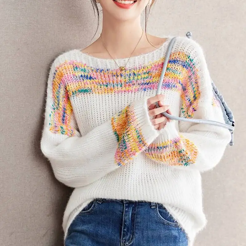 

Вязаные пуловеры в стиле бохо с радужным принтом, женские весенне-осенние модные контрастные цвета, свитер с разрезом на шее Y K, свободные топы с длинными рукавами