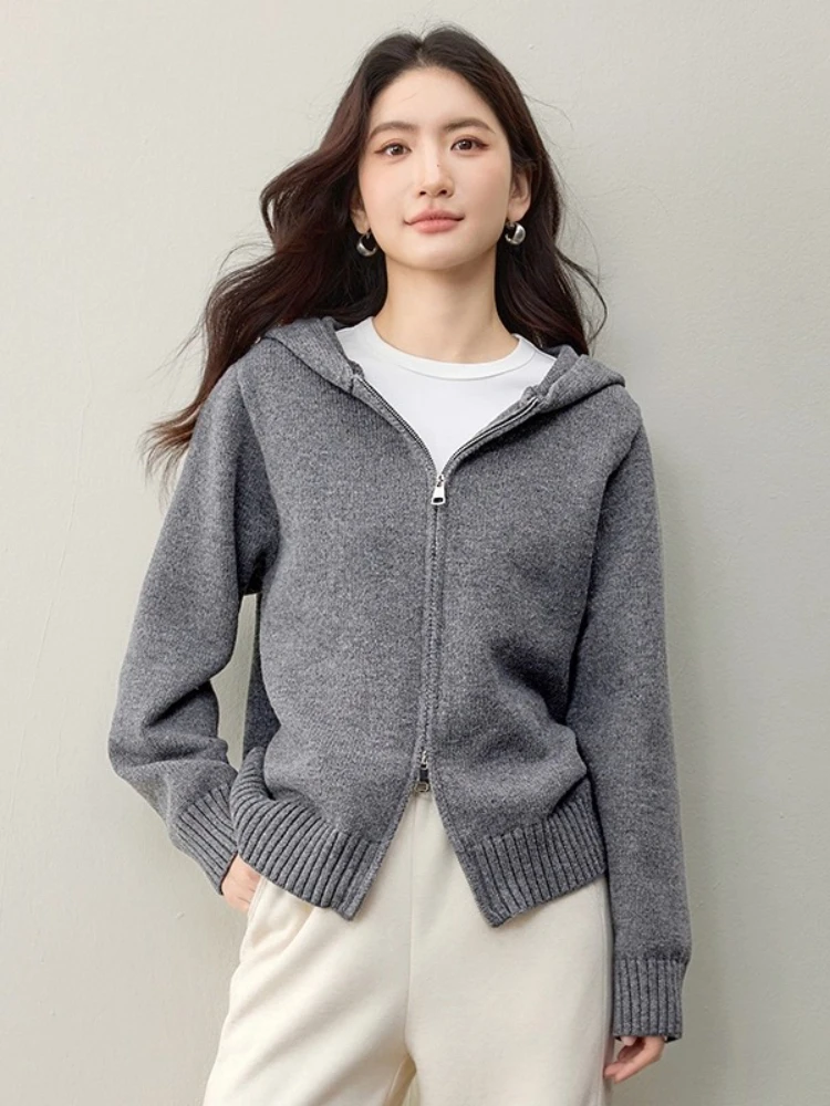 

SENTUBILA Women's Knit Cardigan Casual Solid Double-Slider Zipper Hooded Cardigan 2025 Autumn Loose-fit Knit Sweaters W53EB3141