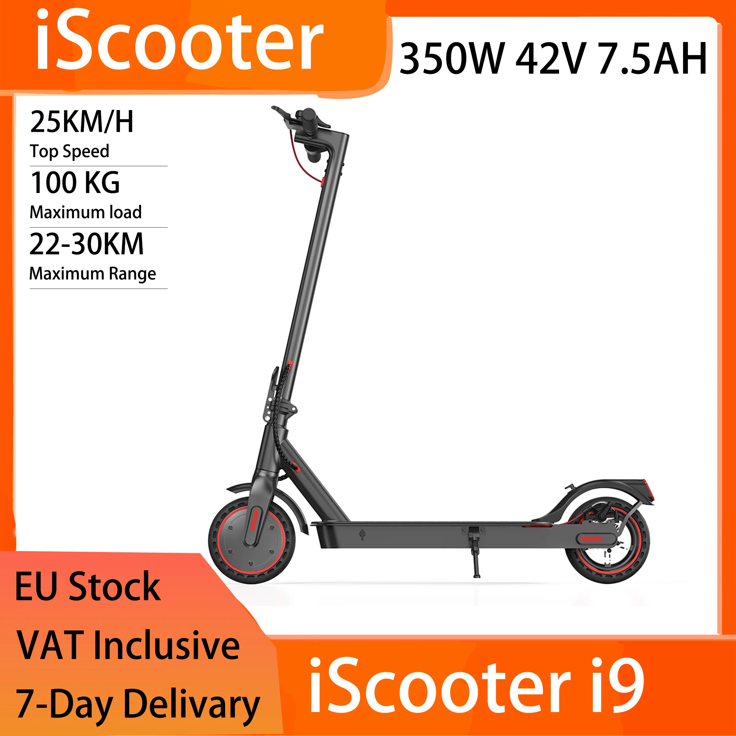 Scooter elettrico pieghevole iScooter i9 da 8,5, 350 W 42 V 7,5 Ah, 22-30 km, 30 km/h, freno a disco, IP54, 100 kg, pneumatico solido, APP, nero