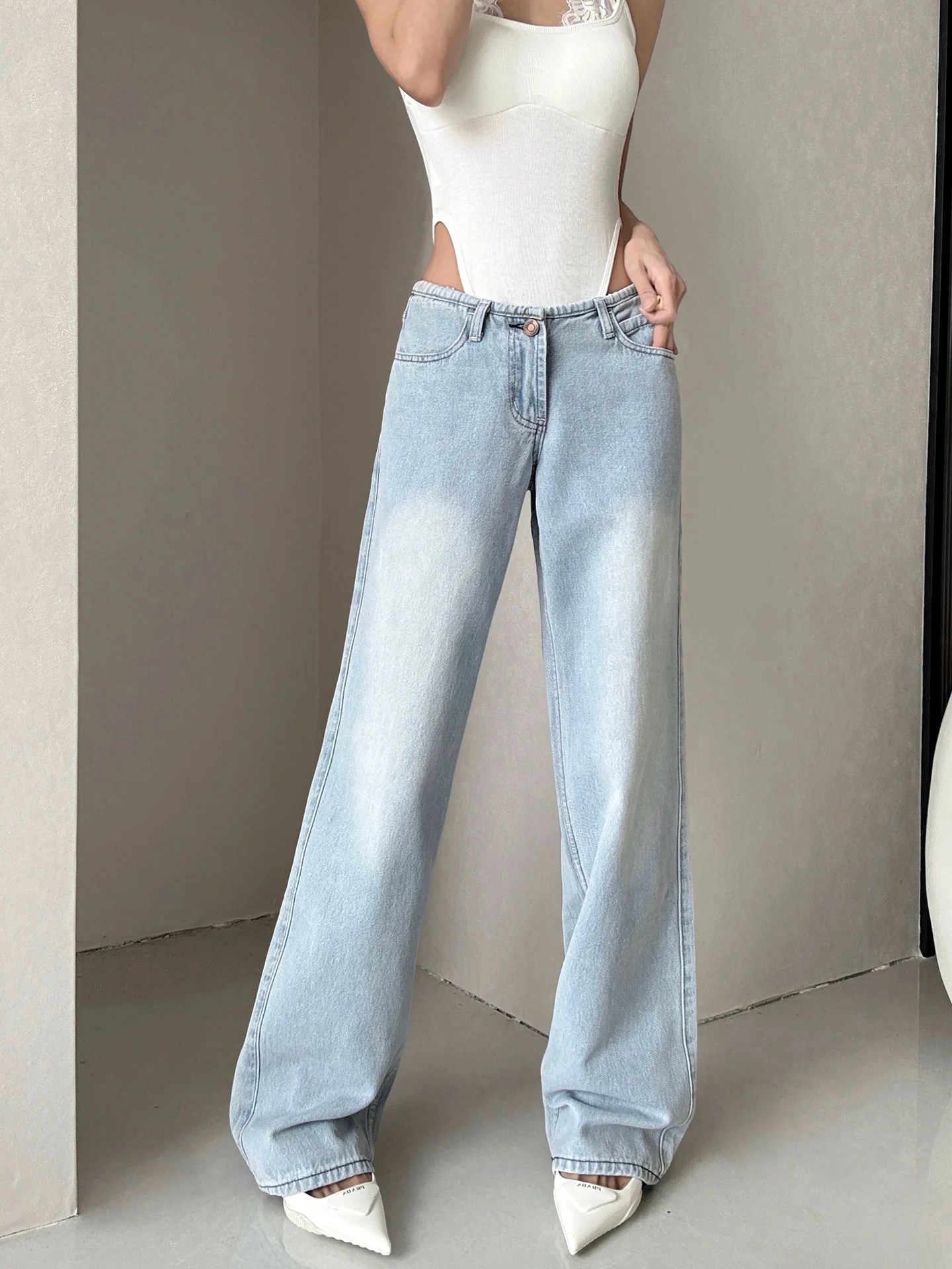 MianCun Vintage Washed Stretchable Straight Leg Jeans Women's Autumn Versatile Slimming Long Trousers Low Waist Denim Jeans