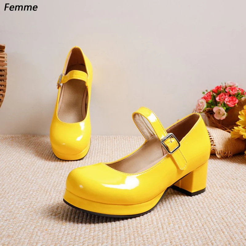 Women's Handmade Mary Jane Pumps - Bright Yellow Patent Leather, Round Toe, Chunky Block Heel, Platform Sole Shoes Size 35-48