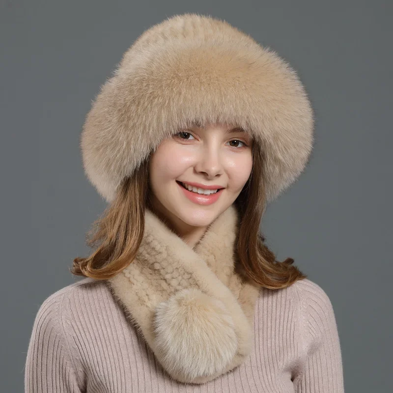 Hat Female Winter Warm Mink Hair Hat Set Fox Hair Fox Ball Scarf European and American Fashion Trends