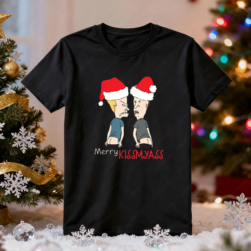 Beavis and Butthead Merry Kissmyass Men Cotton Shirt Funny Santa Claus Meme Vintage Men's T-Shirt Summer Tops Men Clothing