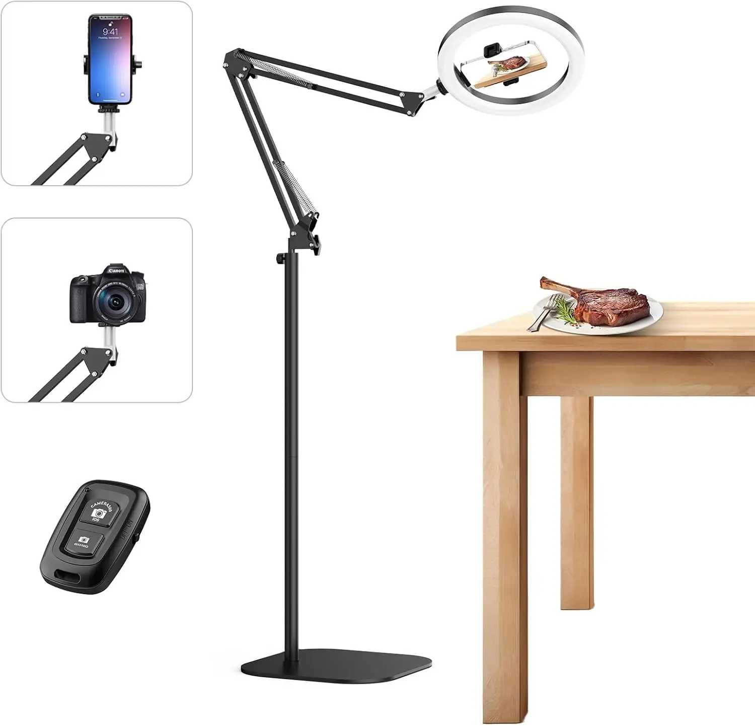 

10" Ring Light with Stand Tripod for iPhone, Overhead Phone Camera Mount, Adjustable 70" Height Tripod Holder Floor, Pho