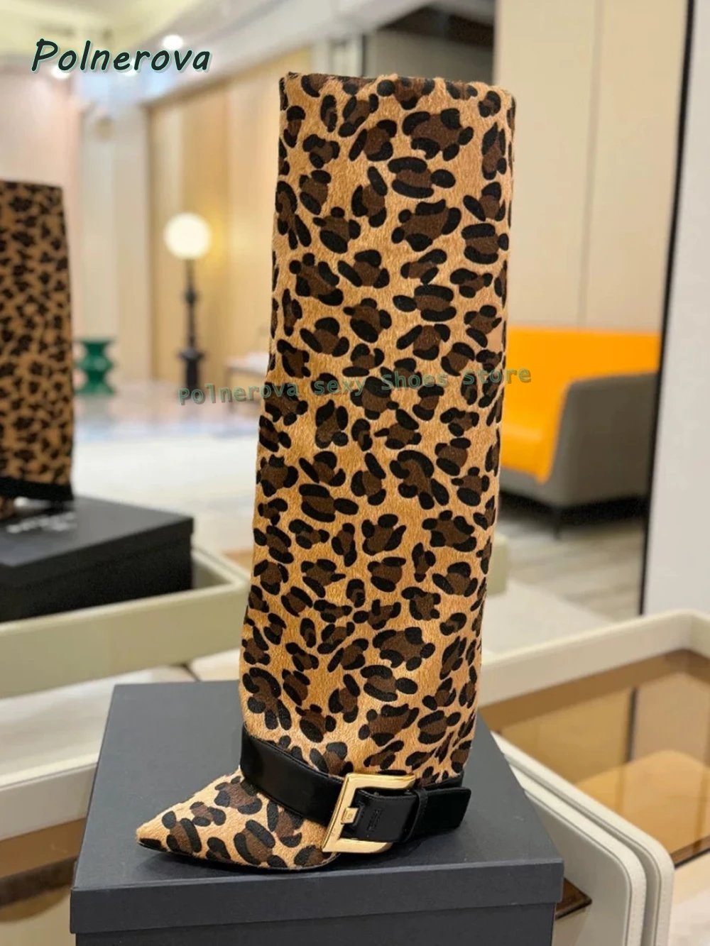 Belt Buckle Leopard Fashion Boots Pointed Toe Stiletto Pull On Sexy Women Knee High Boots 2026 New Style Catwalk Shoes Trend