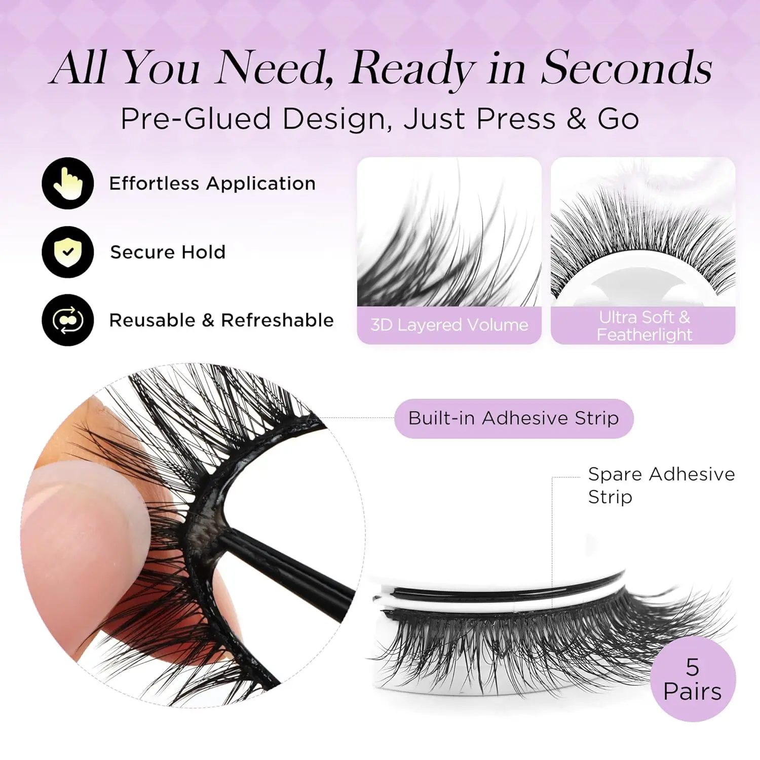 Self-Adhesive Wispy False Eyelashes, No Glue Needed, Natural Look, 5 Pairs with Spare Strips