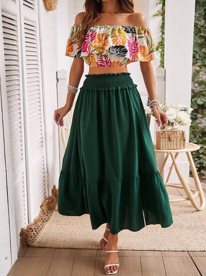 Elegant Temperament Contrasting Colors Fashionable New Printed Pattern One Necked Off Shoulder Strapless Green Half Skirt Set