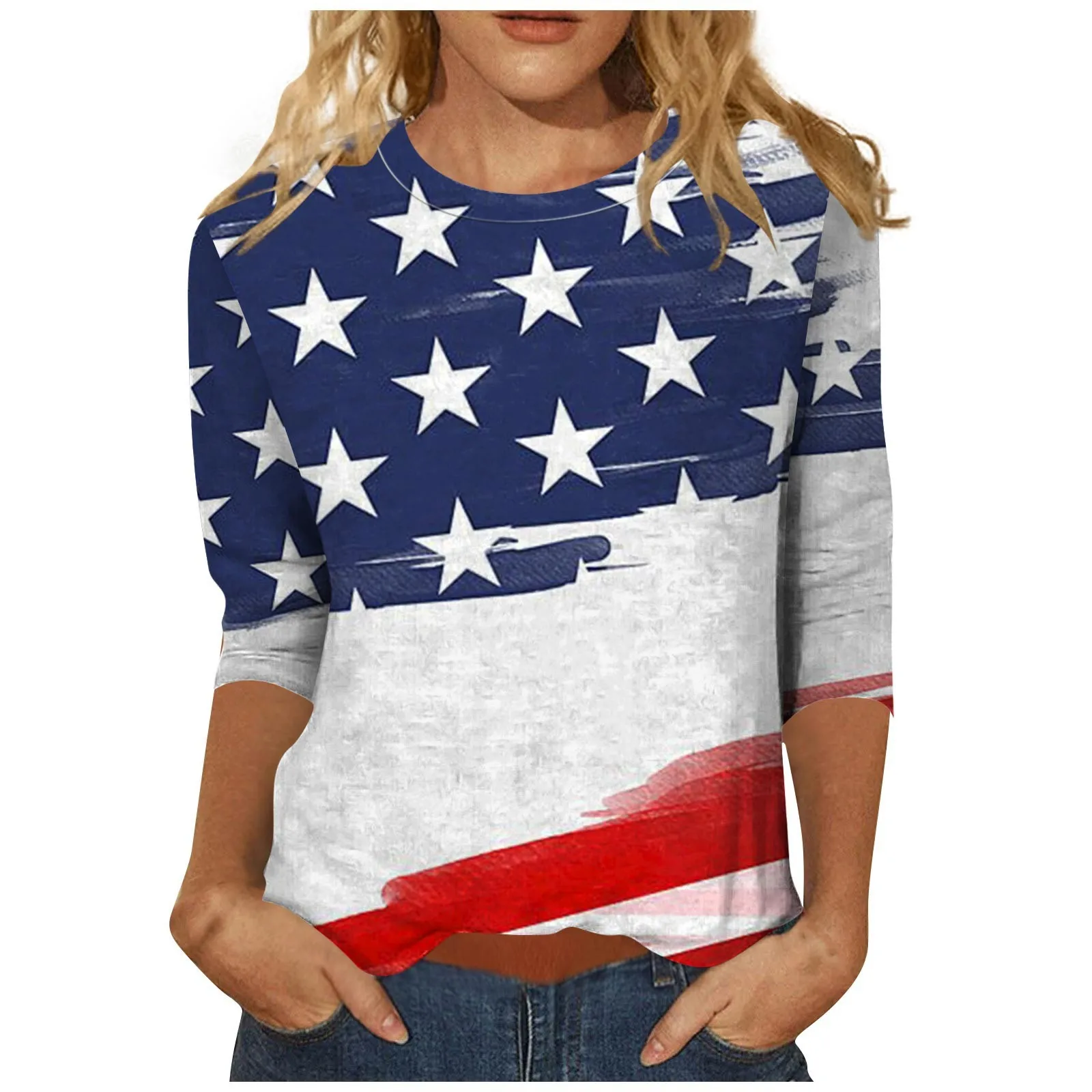 

Women Fashion Casual Sweatshirts Seven-Point Sleeve Independence Day Print Crewneck Top 2024 Vintage Clothes Tops Polerones