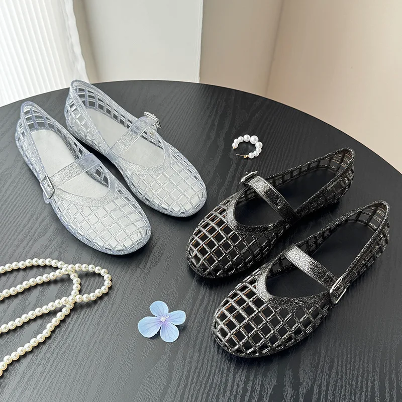 New Korean Summer Crystal Jelly Slip on Hollow One Strap Mary Jane Flat Waterproof Clogs Outdoor Daily Commuter Shoes