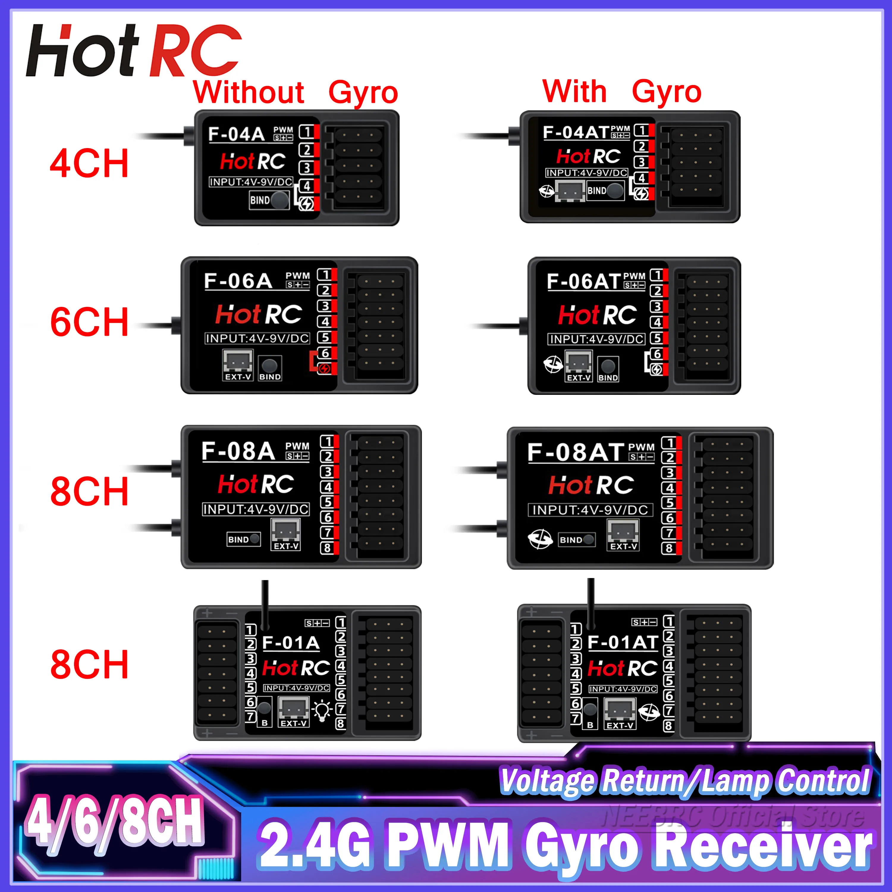 HotRC 4/6/8CH 2.4G odbiornik żyroskopowy F-06AT F-01A F-01AT napięcia sterowania lampą powrotną PWM dla łodzi samochodowej RC