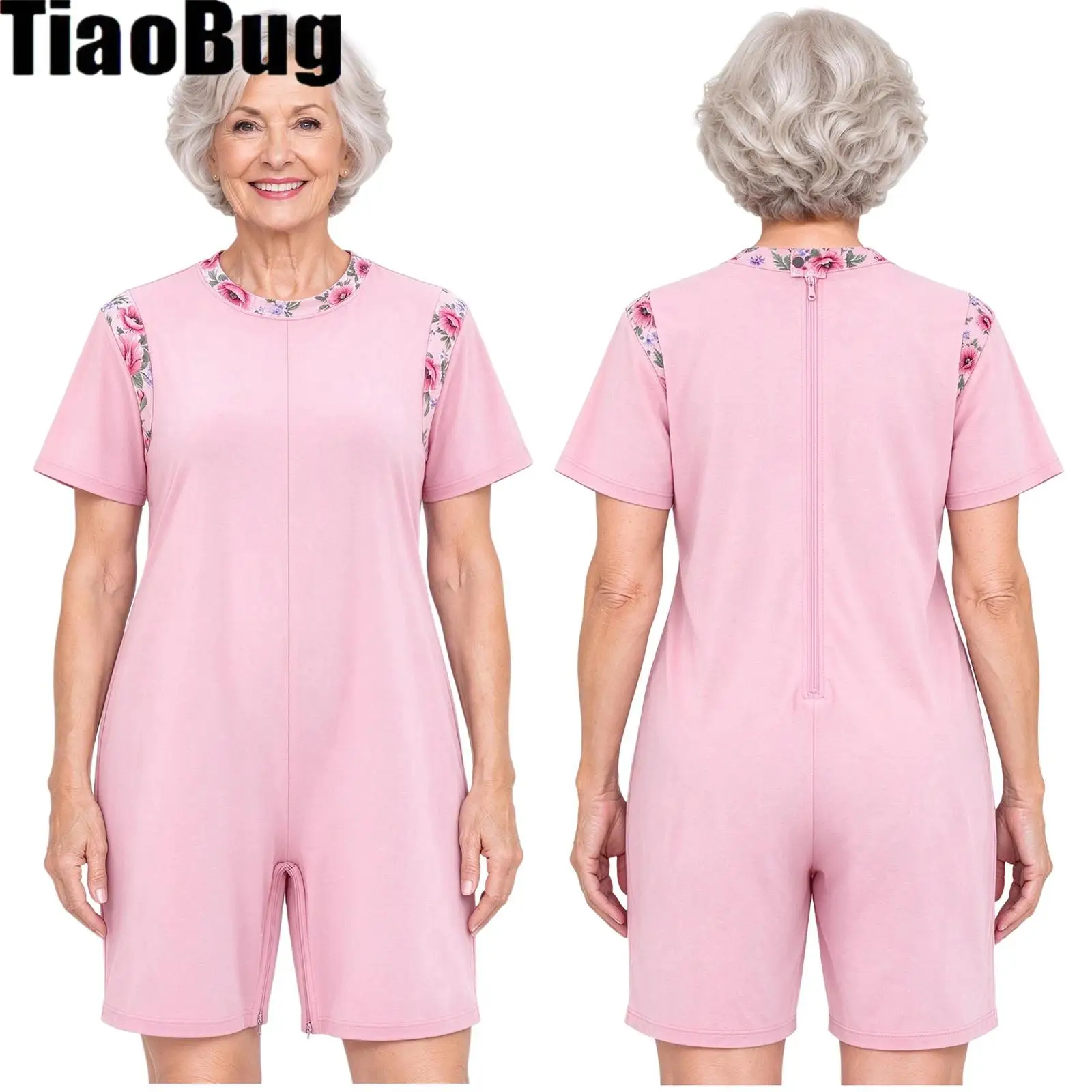 Women Floral Print Patchwork Bodysuit Adaptive Jumpsuit Short Sleeve Anti-strip Zipper Back Crotch Rompers for Special Needs