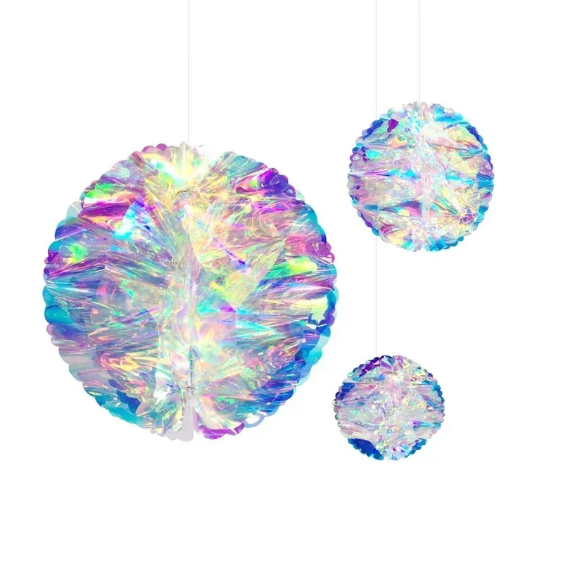 Iridescent Film Ball Drop Ornament Glitter Laser Ball Wall Hanging Decoration Blue Birthday Wedding Party Supplies Event Decor