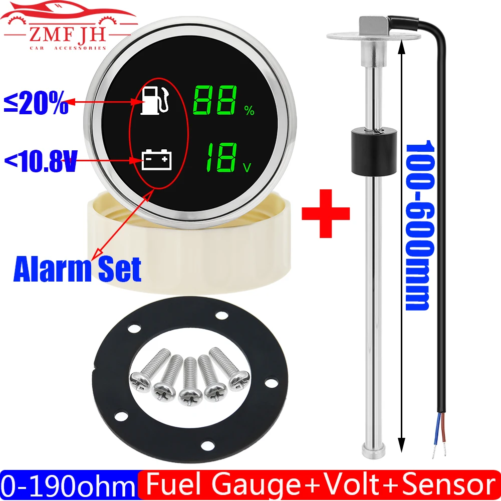 

New 52mm Universal 2 in 1 Dual Gauge with Alarm LED Fuel Level Meter Voltmeter+Fuel Tank Level Sensor 0-190 Ohm Car Boat Motor