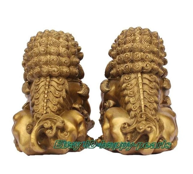 Large Pair Bronze Chinese Lion Foo Dog Statue Figure Sculpture Gold Color 8inch