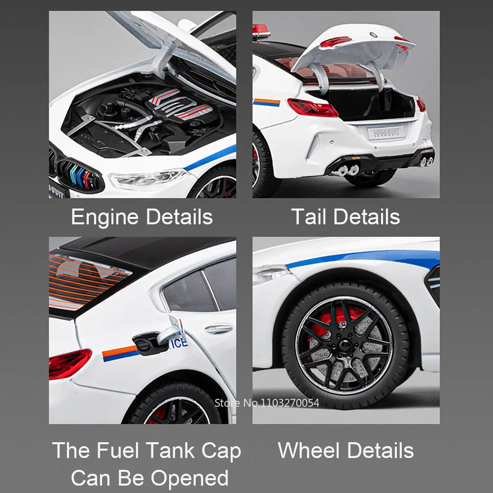 1:24 M8 Model samochodu policyjnego Zabawki Odlewany pojazd ze stopu aluminium 6-drzwiowe otwierane metalowe nadwozie Gumowe opony Dźwięk Światło Pociągnij plecy Zabawka Prezent dla dziecka