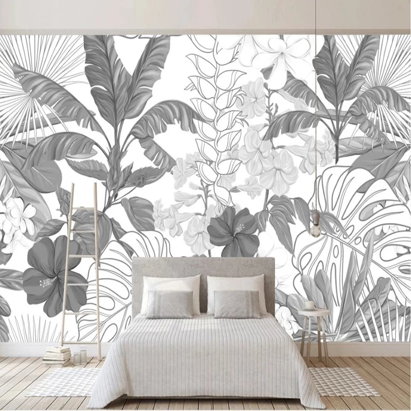 Customized Photo Mural Wallpaper Modern Black White Tropical Rainforest Banana Leaf Living room TV background bedroom restaurant
