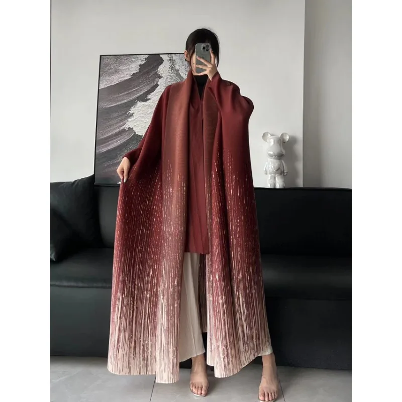 KAF Pleated Loose Large Size Women Trench Coat 2024 Spring and Fall New Lapel Long-sleeved Cardigan Retro Design Jacket Abaya