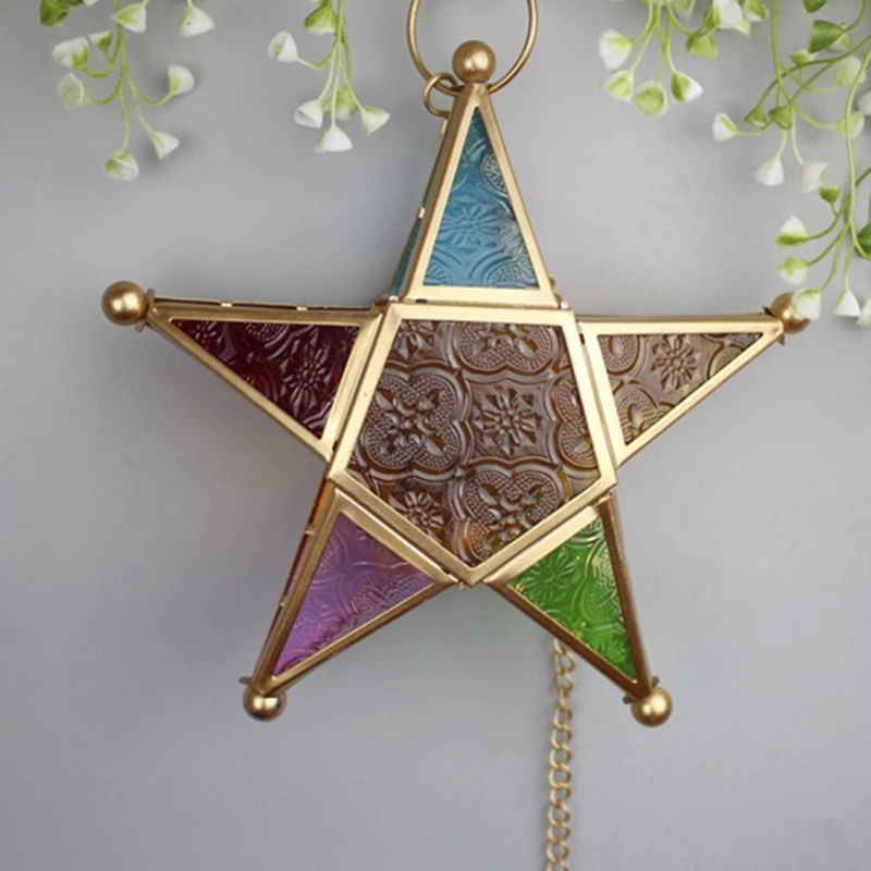 Portavelas, farol colgante, portavelas de cristal de estilo marroquí con forma de estrella de cinco puntas para boda, patio de jardín,