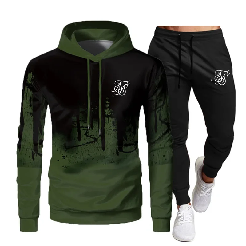 

Men's Fashion Sik Silk Hoodie Sportswear Men's Clothes Jogging Casual Sportswear Men's Running Sports Suit + Pants 2-piece Set