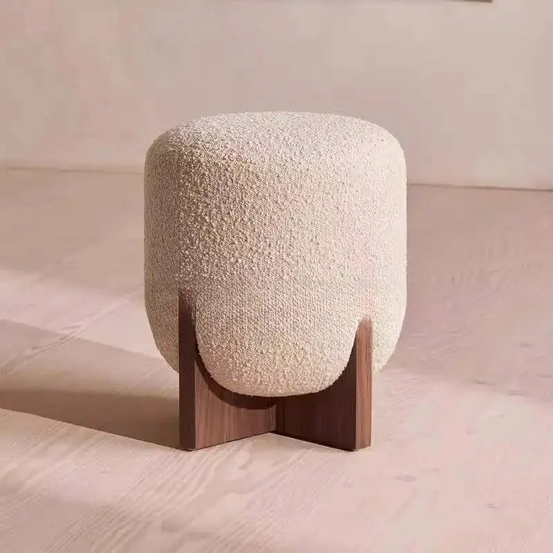 Otomana moderna de tela Boucle, reposapiés tapizado redondo con patas de madera para sala de estar y dormitorio