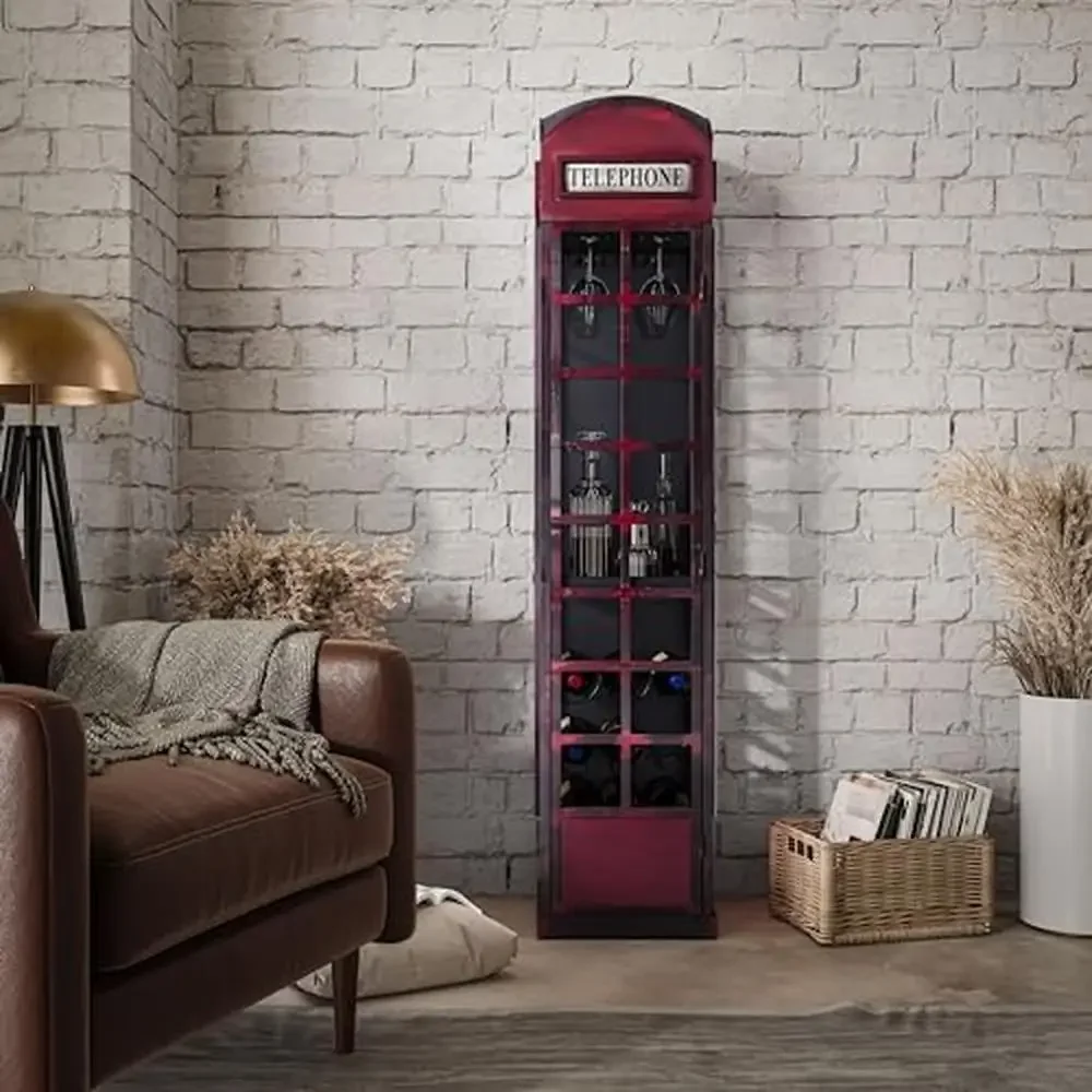 Vintage Telephone Booth Bar Cabinet with Wine Rack and Storage No Assembly Required Metal Frame Weathered Finish Heavy Duty