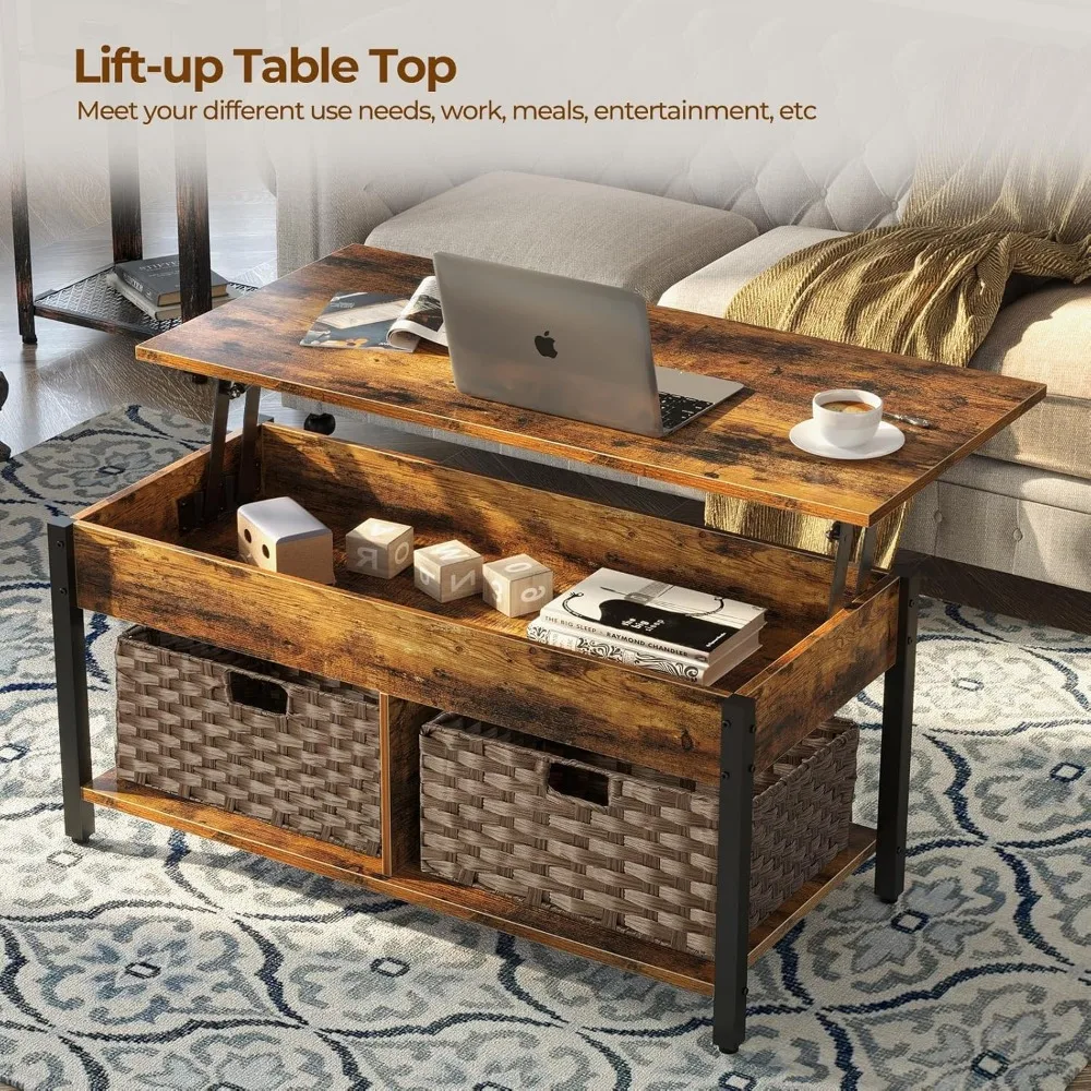 Coffee Table Lift Top, with Hidden Storage Compartment and 2 Rattan Baskets, 41.7" Retro Central Table with Wooden Lift Top