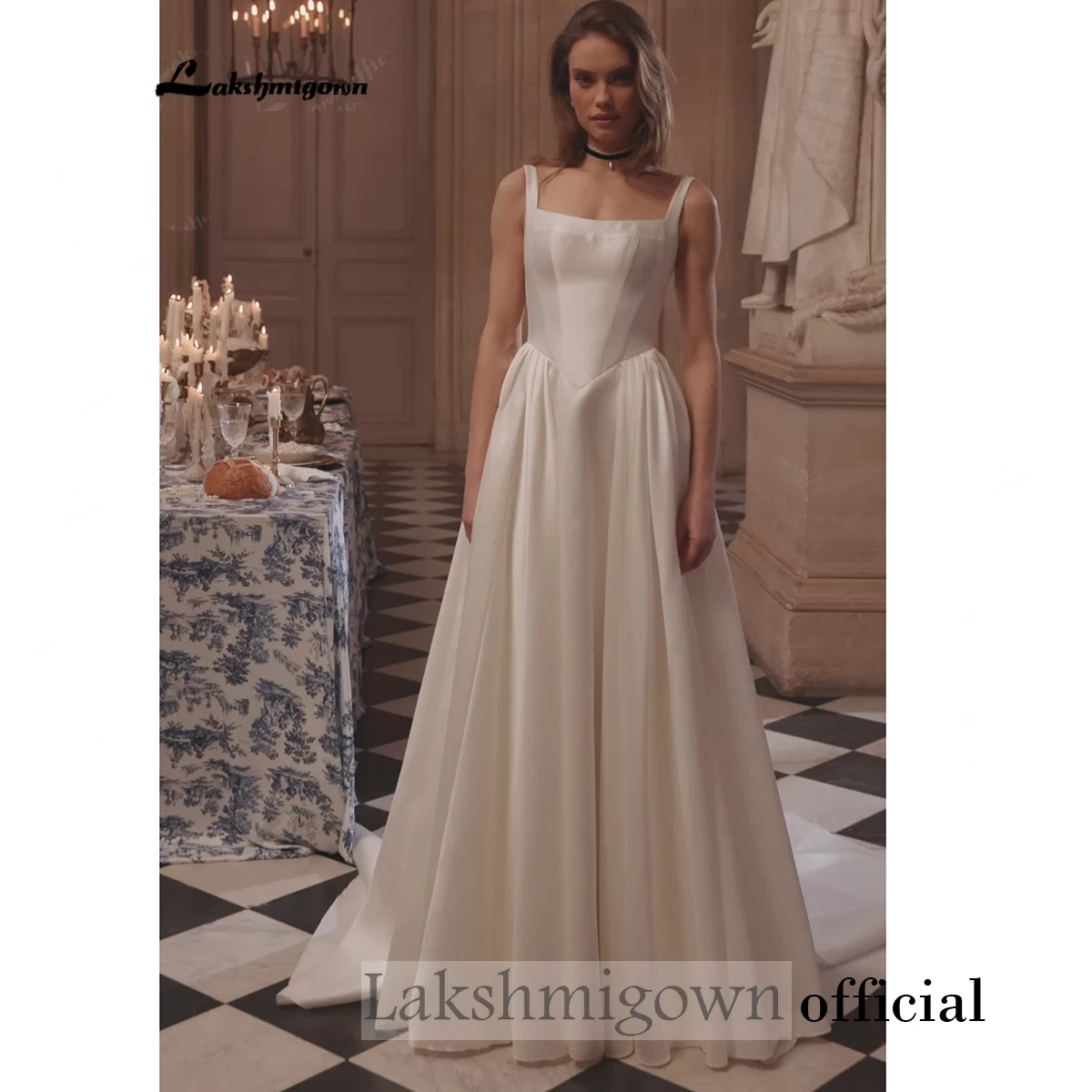 Lakshmigown Brautkleid mit quadratischem Ausschnitt, aus Satin, mit breiten Trägern, A-Linie, mit Schnürung am Rücken, individuell anpassbar. – Detail 8