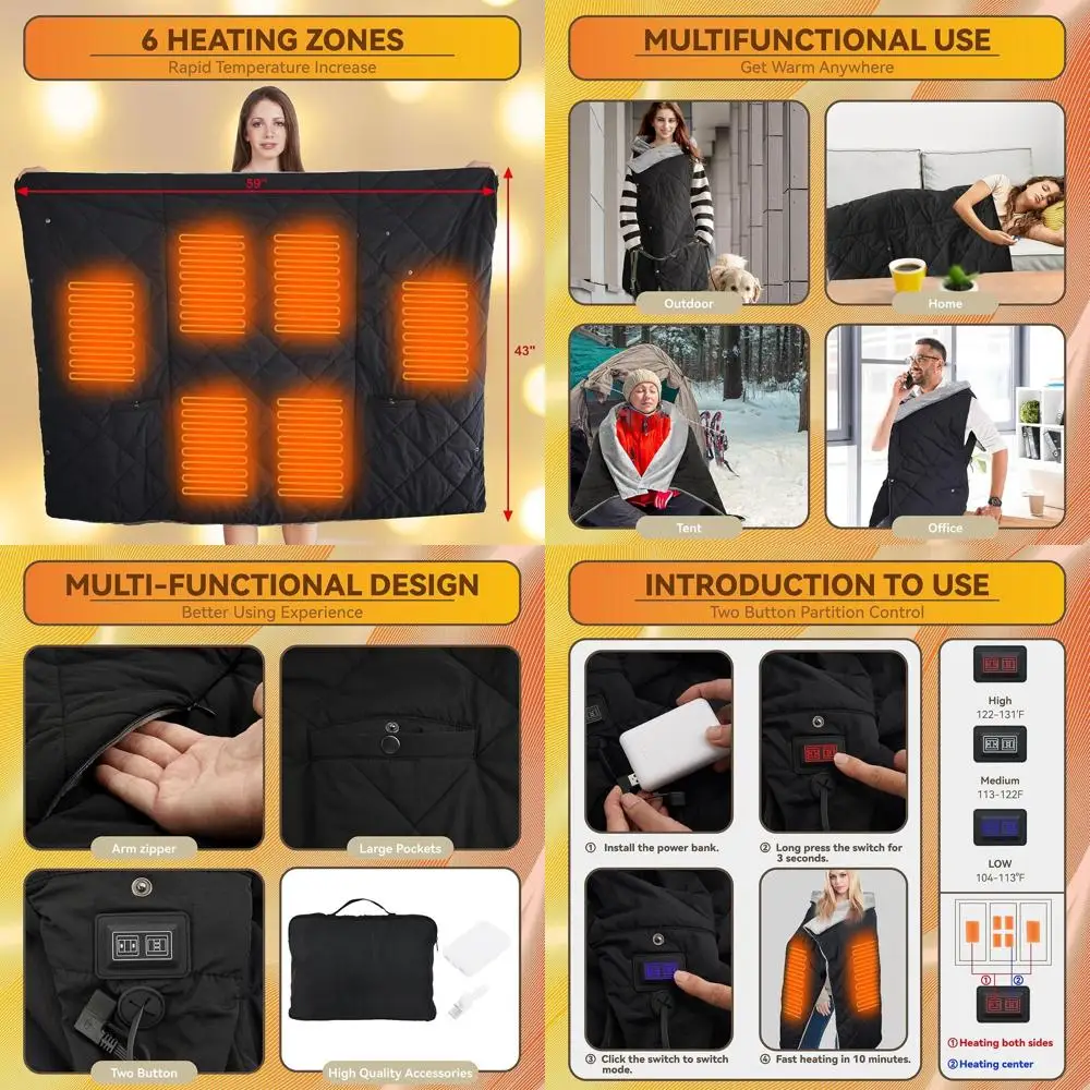 

Portable Cordless Electric Shawl, Battery-Powered Heated Blanket for Outdoor Use, Fast Warming Wearable Throw with USB Power Ban