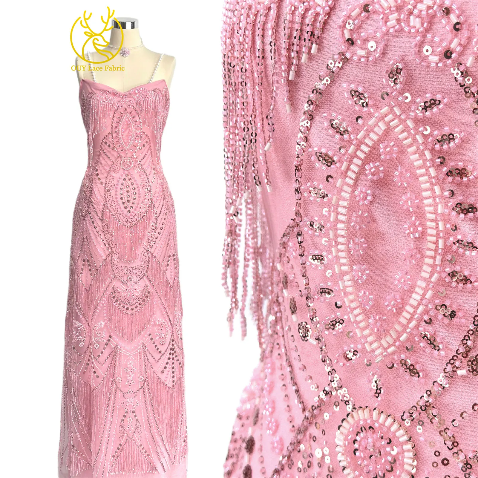 Roter 3D afrikanischer nigerianischer Perlen-Spitzenstoff, französischer Pailletten-Tüll, bestickter Spitzenstoff für Damen, Hochzeitsdekoration, Kleid, Nähen – Detail 7