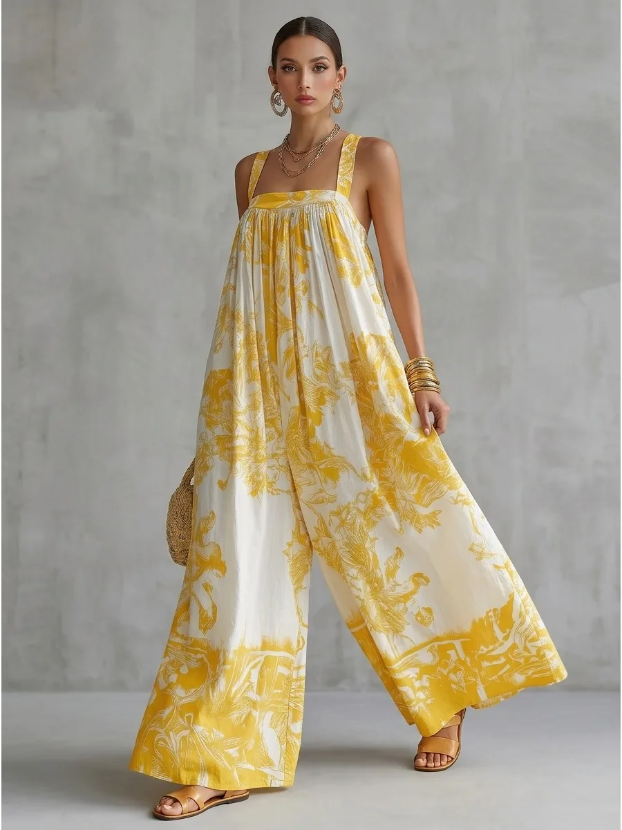 Missuoo Yellow White Floral Printed Loose Vacation Jumpsuit 2026 Summer Stylish Casual Wide Leg Square Neck Cami Jumpsuits view 4
