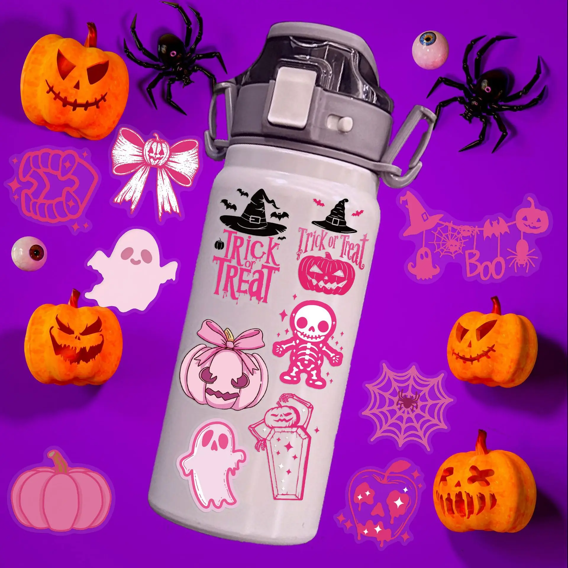 50 pink Halloween stickers, Halloween gift decorations, scrapbook, laptop, suitcase, guitar, water cup, phone case stickers