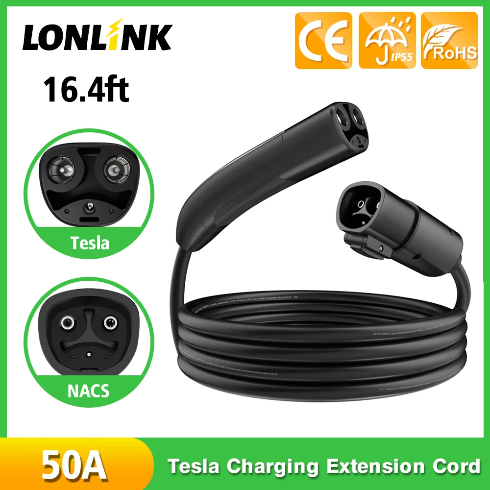 

LONLINK 50A Tesla Charging Cable Level 2 NACS TPC Male Female Plug Electric Vehicle Extension EV Charger Cable 16.4FT Model /Y/S