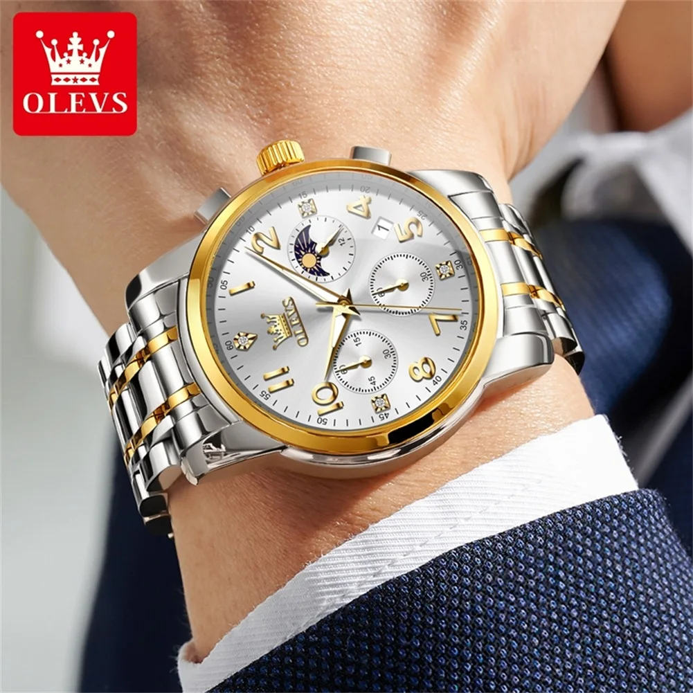 OLEVS Роскошные модные мужские часы из тонкой стали, лучший бренд, оригинальные кварцевые наручные часы, водостойкий светящийся хронограф, фаза Луны