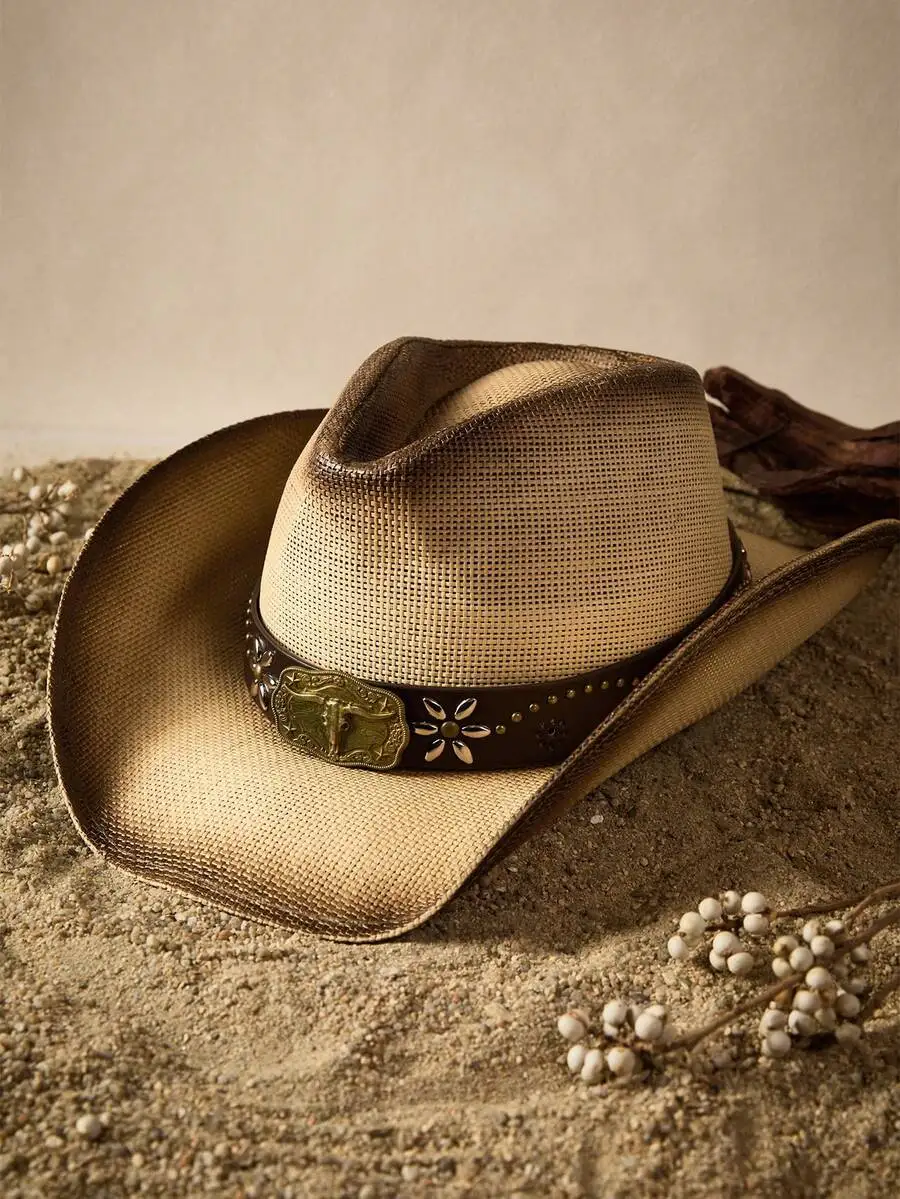 

Western Style Straw Cowboy Hat With Decorative Belt Summer Sun Hat Beach Vacation Cap