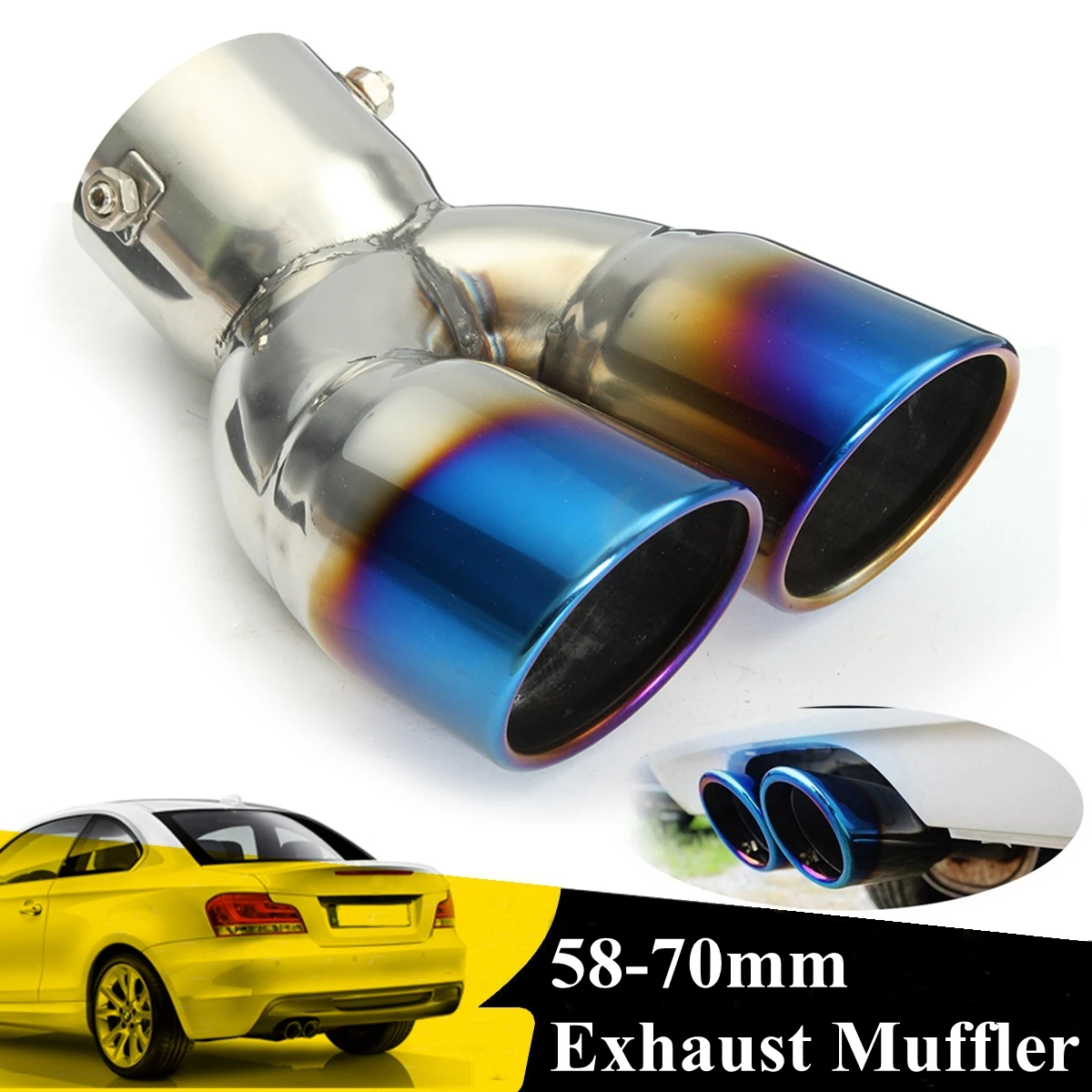 63/75mm Car Dual Exhaust Tip Inlet Double-Barrel Rear Exhaust Tip Tail Pipe Muffler Black Outlet Stainless Steel Car Accessories