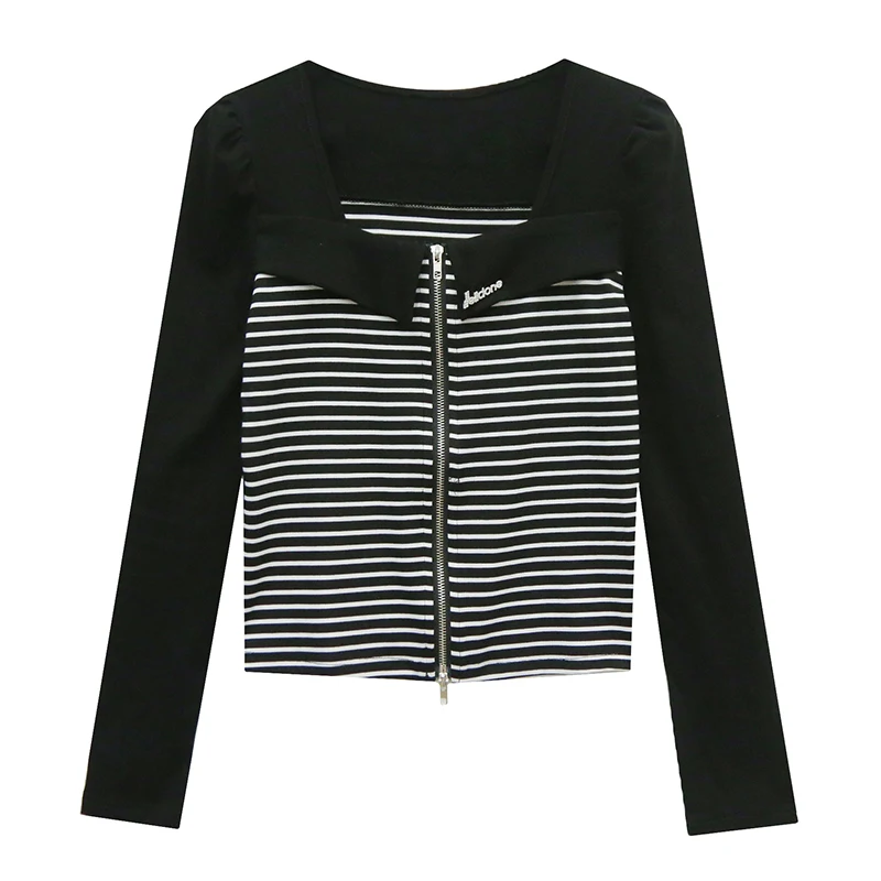 Faionable Bla White Striped Women's Long Sve T-irt Sexy Square Collar Zipper Slit Slim Fit Versatile Base irt