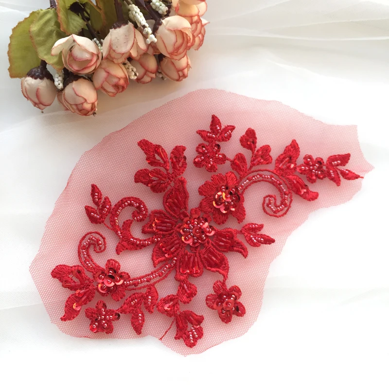 DIY Handmade Beaded Flower Applique, Flower Patch, Wedding Dress Accessories, Lace Embroidery, Mending Clothes,2 Pair/4 Pc