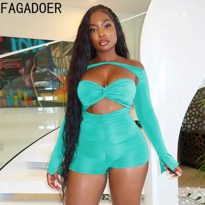 FAGADOER Sexy Hollow Out Bodycon Rompers Women Off Showlder Long Sleeve One Piece Jumpsuits Female Streetwear Overalls Summer