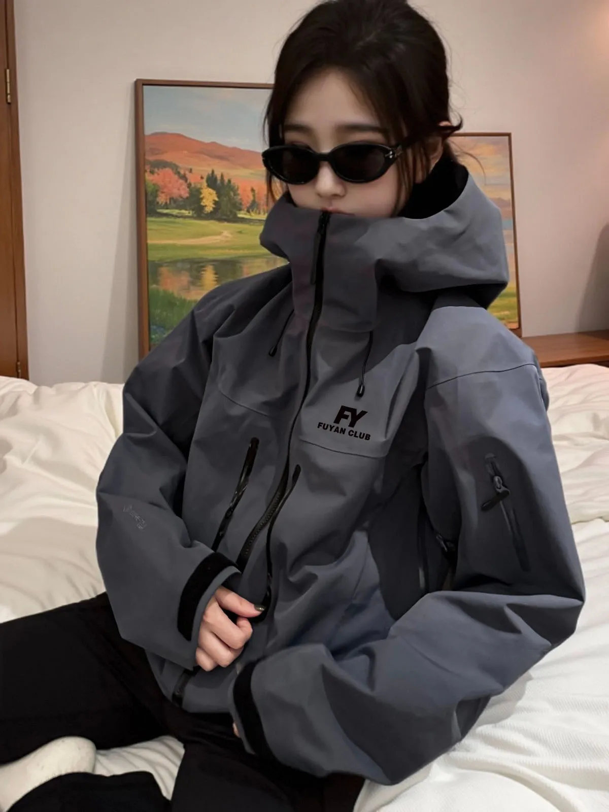 푸위안 여성용 회색 봄 가을 3-in- 아웃도어 등산 재킷 코트 캐주얼 루즈핏 긴팔 지퍼 클로저