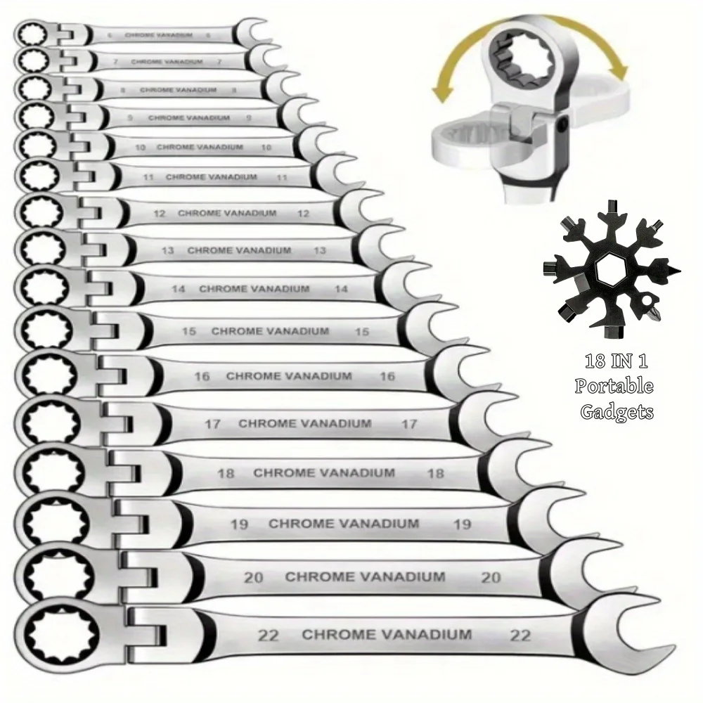 15PCS /5pcs Metric Ratchet Spanner Set 6 to 17mm Wrench Set 72 Tooth Chrome Vanadium Steel Hand Tools 12 Ratchet Spanners 3 Multi Function Wrenches with 180 Degree Rotating Head for Car Repair 4WD Ute Garage and DIY
